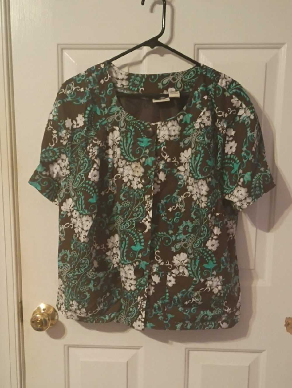 Kim Rogers Teal, White and Brown Paisley Button-Front Blouse